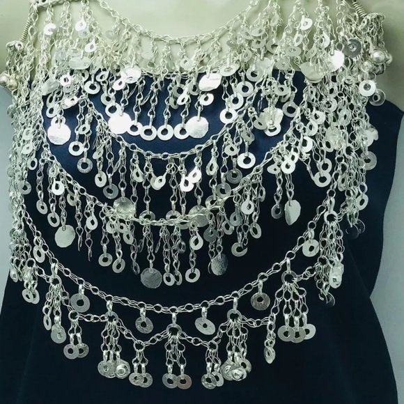 Multilayers Afghan Silver Necklace, Gypsy Silver Kuchi Bib Necklace - Picture 6 of 10